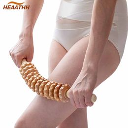 Wooden Curved Roller Massager with 12 Balls Manual Wood Massage Stick Waist Thigh Anti Cellulite Muscle Pain Relief & Recovery