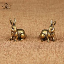 Antique Copper Zodiac Cute Rabbit Statue Ornaments 1 Pair Vintage Solid Brass Animal Miniature Figurine Tea Pet Desk Decoration