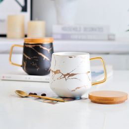 Nordic Style Gold Marble Ceramic Mug Cup And Wooden Saucer Lid White Porcelain Tea Coffee Water Mug With Handle Drinkware Gifts