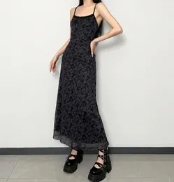 Casual Dresses Vintage Grunge Printed Long Dress Women Y2k Punk Black Sundress Fairycore Gothic Aesthetic Outfits Korean A-LINE Maxi