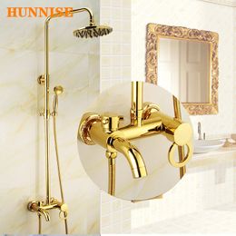 Golden Bathroom Shower Set Single Handle Hot Cold Bathroom Mixer Faucet Round Rainfall Shower Head Gold Bath Shower System