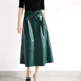 Skirts Tf High Waist Large Swing Bow Belt Long Umbrella Skirt Pure Leather Sheepskin Half Recommended By Store Owner