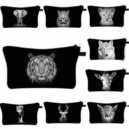 black White Animals Cosmetic Bag Women Makeup Bag Animals Tigers Pattern Cosmetic Case Travel Organizer Toiletry W Pouch Bag Y9ND#