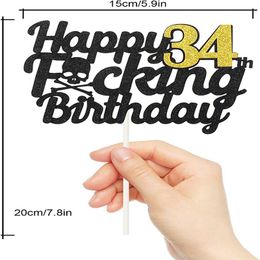 Custom Made Happy Birthday Cake Topper, Black Gold Glitter, Funny Birthday 34 Years Old Party Decoration, Sign for Women and Men