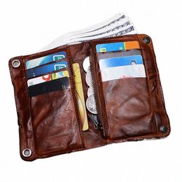 100% Genuine Leather Wallet For Men Vintage Wrinkled Short Bifold Man Purse Credit Card Holder With Zipper Coin Pocket Mey Bag 10fP#