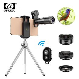 Lens APEXEL Optic HD Phone Camera Lens Kit 4in1 Telephoto Zoom Monocular Telescope 22X Lens + Macro Wide Fisheye With Remote Tripod