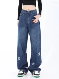 Women's Jeans Star Pattern Print High Waist Loose Hip Hop Female Wide Leg Denim Trousers Ladies Washed Floor-Length Retro