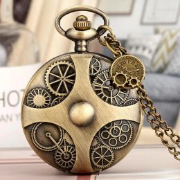 Retro Mathematical Geometry Gear Bronze Wheel Reel Design Quartz Necklace Chain Pendant Clock for Men Women with Gear Accessory