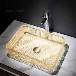 Rectangular Glass Wash Basin Household Bathroom Sinks Single Basin Balcony Bathroom Washbasins Kitchen Washing Sinks Hand Basin