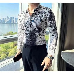 Men's Dress Shirts 2024 3D Leopard Print Casual Shirt Long Sleeve Fashion Slim Brand Inch Clothes