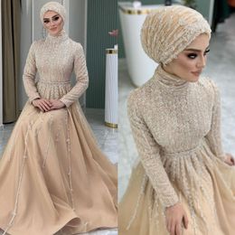 Champagne Muslim Beading Evening Dresses elegant high neck Long Sleeves A Line Prom dress Sweep Train custom made Formal dresses for women