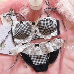 Japanese Sexy Lingerie Push Up Bra And Panty Cute Set Underwear Classic Lolita Girl Black Plaid Fox Gathered Bra Briefs Bralette
