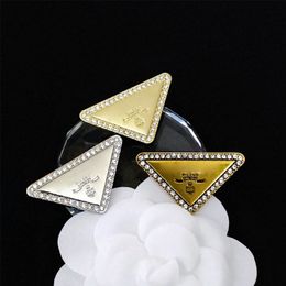 Vintage Triangle Brooch with Stamp Women Men Letter Rhinestone Brooch Suit Lapel Pin 3 Colours