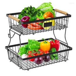 Kitchen Storage 2 Tier Fruit Basket Produce Counter Organiser Fruits Stand Holder With Banana Hangers Pantry