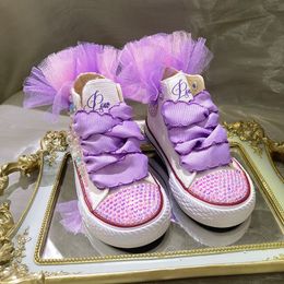 Mesh Flowers Kids Canvas Shoes Handmade Pearls Unicorn Bling Shoes Baby Butterfly Theme Party Glitter Crown Toddler Sneakers