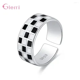 Cluster Rings Classic Real 925 Sterling Silver Black White Grid Punk Wide Ring For Women Free Size Hiphop Style Fine Jewellery