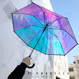 Colourful Rainbow Umbrella Transparent Colour Changing Long Handle Umbrella Rain Women's Big Umbrellas Parapluie Girl Gift SY191