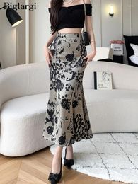 Skirts Spring Summer Long Fishtail Skirt Women Floral Print Modis Sexy Slim Bodycon Ladies Ruffle Pleated HIgh Waist Woman