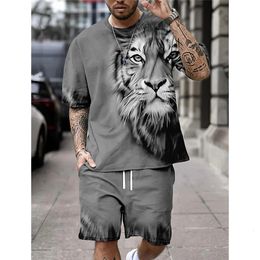 Summer Fashion Animal Print Mens TShirt Set ONeck ShortSleeved Top And Shorts Everyday Street Casual Wear For Men 240325