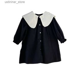 Girl's Dresses Girl Cotton Dress 2023 New Long Sleeved Toddler Baby Sigle Breasted Bow Black and White Dresses for Young Children Kids Clothes L47