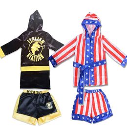 Children Boy Girls Red Black Rocky Balboa Boxer Costume Clothes with Shorts Movie Boxing Robe Costume for Kid Party Carnival