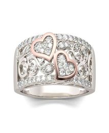 Romantic Rose Gold Color Double Heart Rings for Women Fashion Full Zircon Wedding Band Finger Rings Charming Women Party Jewelry1177977