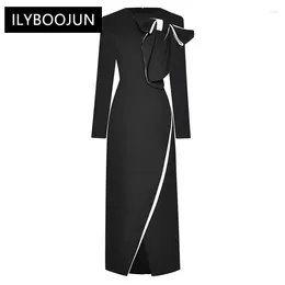 Casual Dresses Autumn Pencil Dress Women O-Neck Long Sleeve Bow Office Lady Slit Package Buttocks For 2024 Luxury High Quality