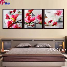 Diy 5d Diamond Painting Embroidery 3 pcs Wall Art Pink Triptych Magnolia Flower Butterflies Painting For Living Room Home Decor