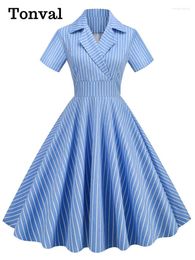 Party Dresses Tonval Notched Collar Striped High Waist Vintage Outfits For Women Short Sleeve Mid-Calf Length Midi Dress 2024 Elegant
