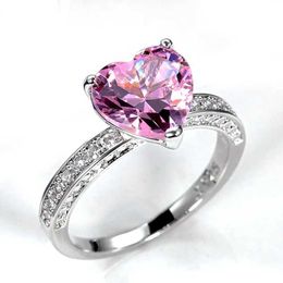 Band Rings Huamei New Wedding Ring Valentines Day Heart shaped Pink Diamond Zircon Ring Dual Color Available Fashion Womens Ring Jewelry J240410