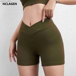 Yoga Outfits NCLAGEN Sports Short For Women High Elastic V-Waist CrossoverYoga Leggings Peach Hip Lift Slim Fit Running Gym Biker Shorts Y240410