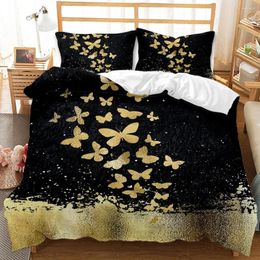 Bedding Sets Duvet Cover With Zipper Comforter Blanket Quilt 3D Black Gold Butterfly For Wedding