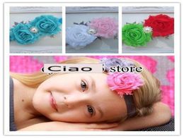 Kids Headband with Double 25quotShabby Frayed Flowers Rhinestone pearl Button Chiffon lace Flowers6761219