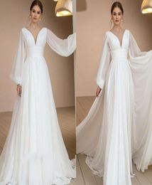 Simple Sexy Puff Sleeves Chiffon Boho Wedding Dress Bridal GownsVNeck Ruched Drapped Sweep Train Special Occasion Dresses Custom 1606271