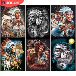 HUACAN DIY Diamond Painting Indian Woman Wolf Full Drill Square Diamond Embroidery Animal Picture Of Rhinestone Home Decor