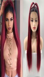 24 Inch Fashion Long Straight Burgundy Lace Front Wig Hair Wig Gradient Black to Burgundy Heat Resistant for Black Women7960033