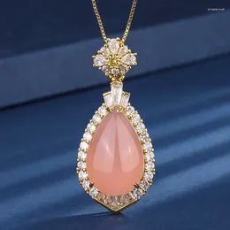 Pendant Necklaces EYIKA Luxury Gold Plated Simulated Pink Chalcedony Water Drop Necklace For Women Zircon Flower Colar Fine Jewellery Gift