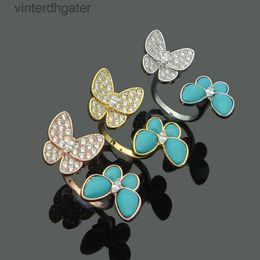High End Vancefe Brand Designer Rings for Women Jewellery Double Butterfly Turquoise with Diamond Open Ring Womens Butterfly Full Senior Brand Logo Designer Jewellery