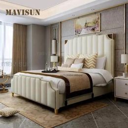 Light Luxury Double Bed For Bedroom High-end Furniture For Villa With Storage White Leather King Size Bed With 2 Nightstands