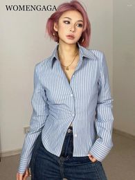 Women's Blouses Spicy Girl WOMENGAGA Stripe Polo Neck Long Sleeve Collared Button Up Designer Shirt Women Tight Sexy Top Fashion Tops 80Q5