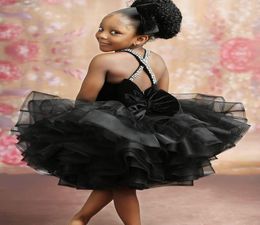 Sexy Spaghetti Black Girls Pageant Dresses With Crystals Tiers Little Kid Formal Wear Vintage Communion Pageant Dresses Gowns2517599