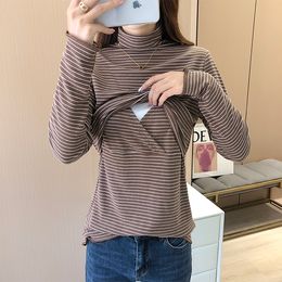 Breastfeeding High Elastic Women's Long Sleeve Home T-shirt pregnant women Stripe Nursing Home Maternity Clothes Top 5070B