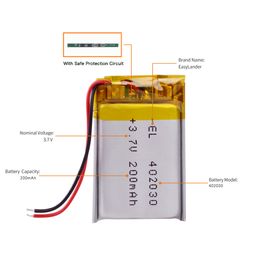 Polymer Lithium 3.7v 402030 200mAh Rechargeable Battery Replacement Bluetooth Earphone PDA POS car DVR video recorder Batteries