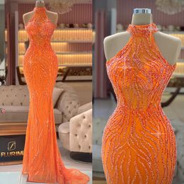 Sexy orange crystal mermaid Evening Dresses elegant halter Prom Dress Glitter Sequins Beads Custom Made Formal dresses for women