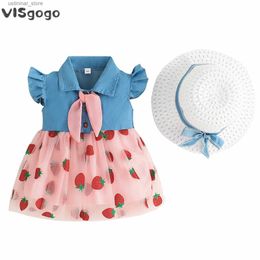 Girl's Dresses VISgogo Baby Girl Dress Cute Summer Outfits Fly Sleeve Button Tie Decor Denim Patchwork Top Mesh A-line Dress + Sun Hat Set L47