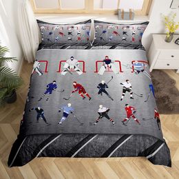 Ice Hockey Duvet Cover Puck Hockey Player Winter Event Bedding Set Boys Sports Game Quilt Cover Black Polyester Comforter Cover
