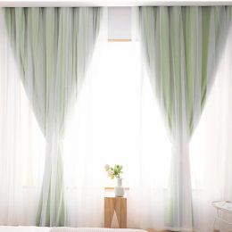 Double Layer Green Blackout Curtain For Living Room Window Children Room Curtains Bedroom Voile Lace Curtain Home Decoration