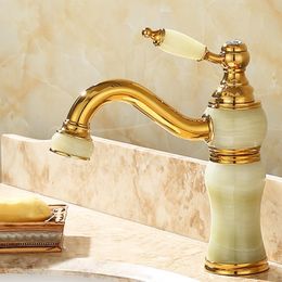 Bathroom Basin Faucets Brass & Jade Sink Mixer Crane Taps Hot & Cold Single Handle Deck Mounted Gold Finished Free Shipping