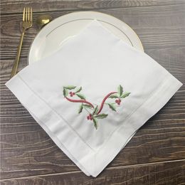 12 PCS Christmas Dinner Napkins White Hemstitched linen Table Napkin with Color Embroidered Floral Tea Napkins 20X20"/22X22"