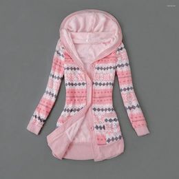 Women's Knits Knitted Coat Skin-friendly Women Cardigan Striped Print Buttons Closure Hooded Plush Lining Sweater